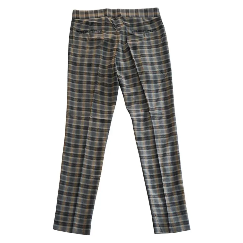 Mens Gurkha Pants 36 Blue Brown Plaid High Waist Flat Front Slim Fit Trousers
